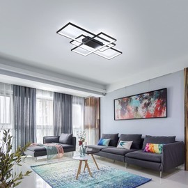 GEADI Modern LED Ceiling Lights, Black Dimmable Rectangular Chandelier 68W Flush Mount Ceiling Lamp with Remote 3 Squares Ceiling Light Fixtures for Living Dining Room Bedroom Kitchen, 41.3in