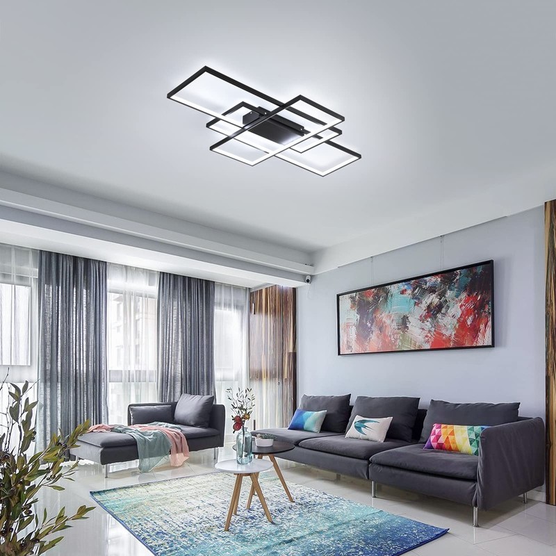 GEADI Modern LED Ceiling Lights, Black Dimmable Rectangular Chandelier 68W