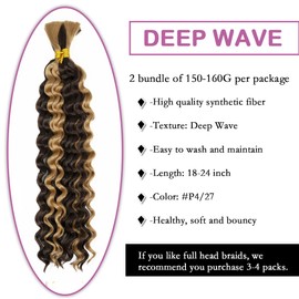 Deep Wave Bulk hair for Braiding Wet and Wavy Micro Braiding No Weft Faux Deep Wave Braiding Hair Extensions for Box Boho Braids 150g with 2 Bundles #p4/27 (20Inch)