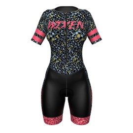 Wixen PRO Race Suit Women Triathlon Suit Sleeve Trisuit Aerodynamic Bike Run swim Suit Back Pocket, Leopard, Small