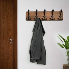 WEBI Rustic Coat Rack Wall Mounted,Wood Coat Hanger Wall,5 Coat Hooks,16" Hole to Hole,Hook Rack Rail,5 Triple Hooks for Hanging Jacket,Clothes,Hats,Entryway,Brown,2 Packs
