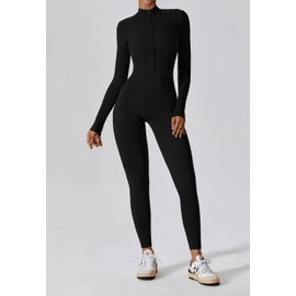 Ecupper Womens One Piece Workout Jumpsuit Zip Up Bodysuit Long Sleeve Yoga Rompers Full Length Sports Gym Shapewear Black S