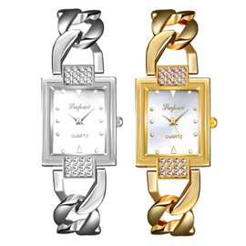 JewelryWe Women's Watches Elegant Analogue Quartz Wrist Watch Rhinestone Rectangular Casual Watch with Triple Curb Chain Bracelet, Curb chain – set of 2, Elegant and glamorous