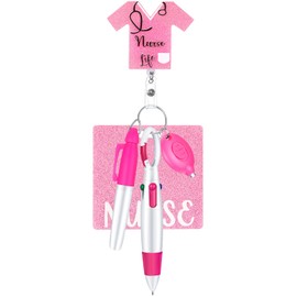 Skyygemm 5 Pcs Nurse Accessories Include Retractable Ball Pen, Permanent Marker Pen, Nurse Badge Clip Retractable, Glitter Badge Cards, LED Flashlight Keychain(Pink)