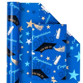 WRAPAHOLIC Reversible Graduation Wrapping Paper - Mini Roll - 17 Inch X 33 Feet - Trencher Cap and Stars for Party, Celebration
