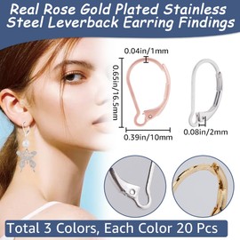Beebeecraft 1 Box 60Pcs Leverback French Earring Hooks 24K Gold & Rose Gold & Sterling Silver Plated Stainless Steel Hypoallergenic Dangle Ear Wire Findings 16.5x10mm for Earrings DIY Jewelry Making