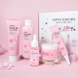 Sakura Gesichtspflege Set, 5 Stück hautpflege frauen feuchtigkeit, mit Gesichtsreinigung, Toner, Augencreme, Serum, Gesichtscreme, für Gesichts,Tagespflege und Nachtpflege Skincare Set (Großpackung)