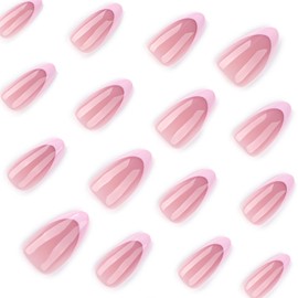 French Tip Press on Nails Medium Almond Fake Nails with Designs Flower Gel Glue on Fingernails Pink False Nails Summer Acrylic Nails Glossy Artificial Nails Stick on Nails for Coquette Women