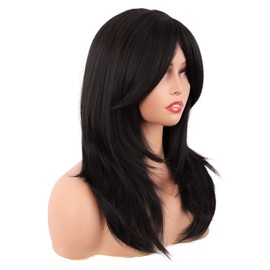 MapofBeauty 20 Inch/50 cm Long Layered With Bangs Straight Synthetic fiber Shoulder Length Hair for Daily Use or Party Wig (Black)