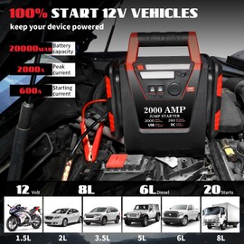 2000A Jump Starter with Air Compressor,Car Battery Jumper Starter 260 PSI Tire Inflator,5 in 1 Auto Lead-Acid Battery Booster Jump Starter for Up to 10.0L Gas or 8.0L Diesel with LED Light