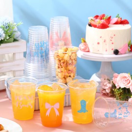 Qinyoung 100pcs Boots and Bows Gender Reveal Party Supplies 12 oz Boots or Bows Party Cups Pink and Blue Plastic Disposable Cups Western Gender Reveal Decorations for Baby Shower
