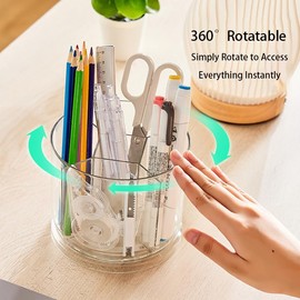 SSYYGET 360° Rotating Makeup Brush Holder Organizer, Clear Spinning Pen & Pencil Holder for Desk, Countertop Vanity Storage Cup with 5 Slots, Round Cosmetic Brush Stand