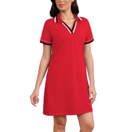 YEXPINE Women's Polo Dress Short Sleeve Lapel V Neck Collar Tennis Golf Mini Dress Casual Summer Workout Wear with Pockets Red