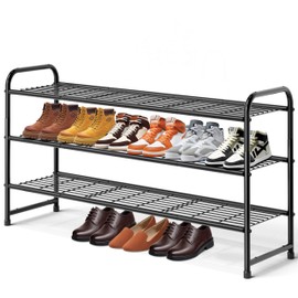 KEETDY 3-Tier Long Shoe Rack for Closet Metal Shoe Organizer for Entryway, Wide Stackable Shoe Storage Shelf with Sturdy Wire Grid for Closet Floor, Bedroom, Black