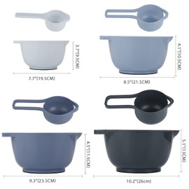 BoxedHome Set of 8 Mixing Bowls, Blue Plastic Salad Bowls, Non-Slip, Multifunctional Mixing Bowls, Serving Bowls for Kitchen, 8-Piece (4 Mixing Bowls with 4 Measuring Spoons), Blue