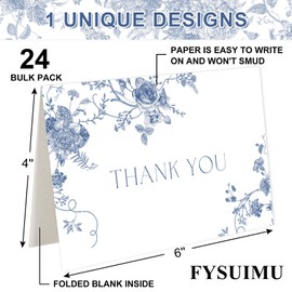 FYSUIMU 24 Pack Blue Floral Thank You Cards Bulk Chinoiserie Flower Note Cards with Envelopes Stickers Spring Greeting Blank Cards for Wedding Bridal Shower