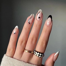 Valentine's Day French Tip Press on Nails Medium with Heart Design Black White Coffin Fake Nails Artificial Nails for Women Full Cover False Nails Stick on Nails with Glue on Static Nails 24Pcs