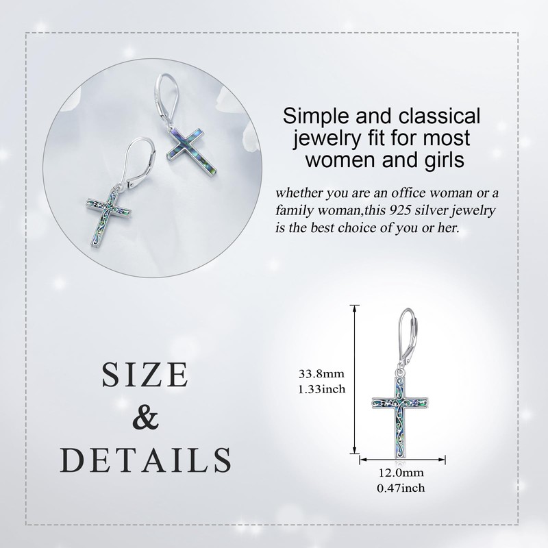 Cross Earrings for Women Sterling Silver Christian Dangle Earrings Abalone