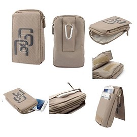 DFV mobile - Multi-Functional Vertical Stripes Pouch Bag Case Zipper Closing Carabiner for GLOCALME Maya System JETFON (2018) - BEIGE (16 x 9.5 cm)