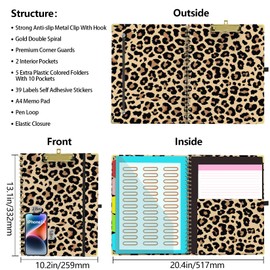 Clipboard Folder with Notepad Refillable Lined for Letter Size (11" x 8.5"), 5 Dividers with Storage 10 Pockets, Cute Spiral Foldable Clipboard with Metal Clip School Office Supplies(Cheetah Spots)