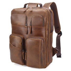 Polare 17.3 Inch Full Grain Leather Backpack for Men and Women Multi Pockets Business Travel Laptop Rucksack (Light Brown)