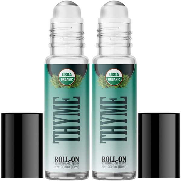 Organic Thyme Roll On Essential Oil Rollerball (2 Pack - USDA Certified Organic) Pre-diluted with Glass Roller Ball for Aromatherapy, Kids, Children, Adults Topical Skin Application - 10ml Bottle