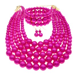 Faux Large Pearl Necklace for Women Five Multi Strand Pearl Necklace Bracelet Earrings set Big Pearl Bib Necklace 1920s Costume Jewelry Set (hot pink pearl necklace earrings set)