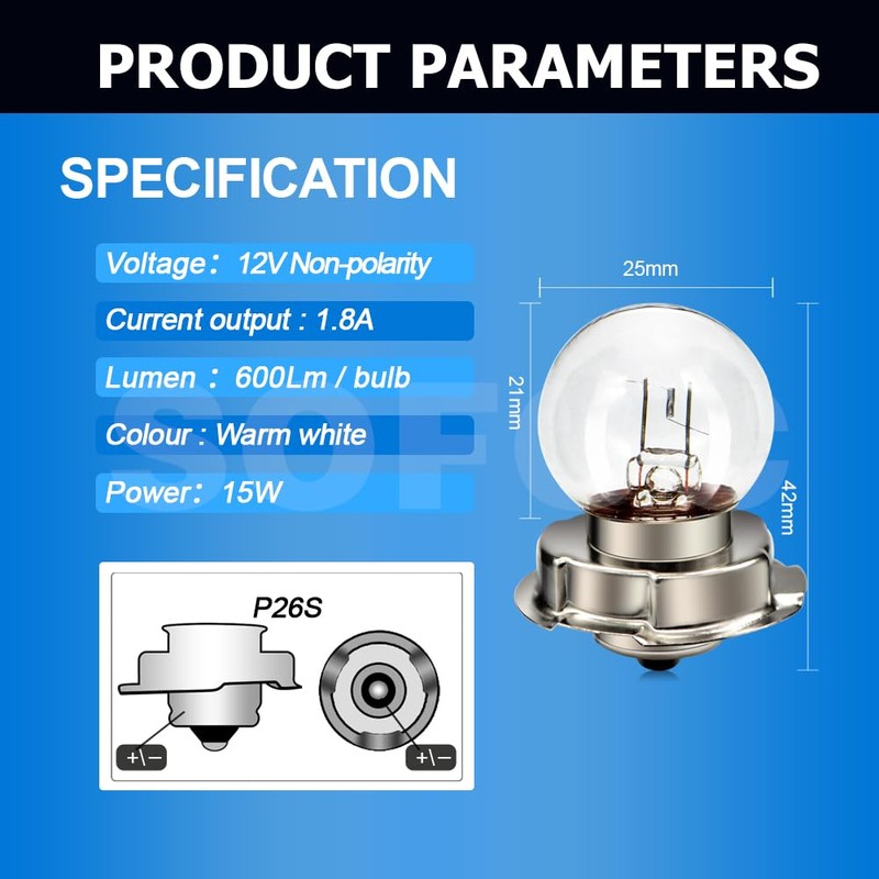 SOFOC -P26S Halogen Motorcycle Headlight Bulb 12 V 15 W