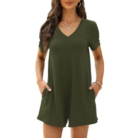 Btaiuo Women's Summer Short Sleeve V Neck Short Jumpsuit Loose Casual Romper with Pockets Small Army Green