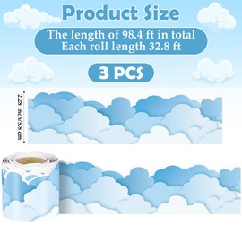 Aodaer 3 Rolls 98.4 ft Blue Sky Cloud Bulletin Board Borders Scalloped Border Trims Cloud Shaped Decorative Classroom Rolled Bulletin Border Trim Back to School Decoration for School Blackboard Decor