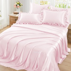 Homiest Ruffled Satin Sheets King Size 6pc Set - Blush Pink Bed Sheet Set with 15 Inch Deep Pocket Fitted Sheet, 1 Flat Sheet, 2 Ruffled Pillow Shams & 2 Pillowcases, Similar to Silk Sheets