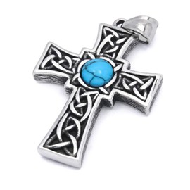 Gungneer Stainless Steel Celtic Cross Pendant Necklace, Blue Turquoise Celtic Knot Talisman Jewelry For Men Women