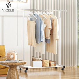 VICERII Clothing Rack, 55.51 Inch Garment Rack with Wheels and Bottom Shelf, 130LB Capacity Heavy Duty Rolling Clothes Racks for Hanging Clothes, Coats, Shirts, Sweaters, Skirts, White