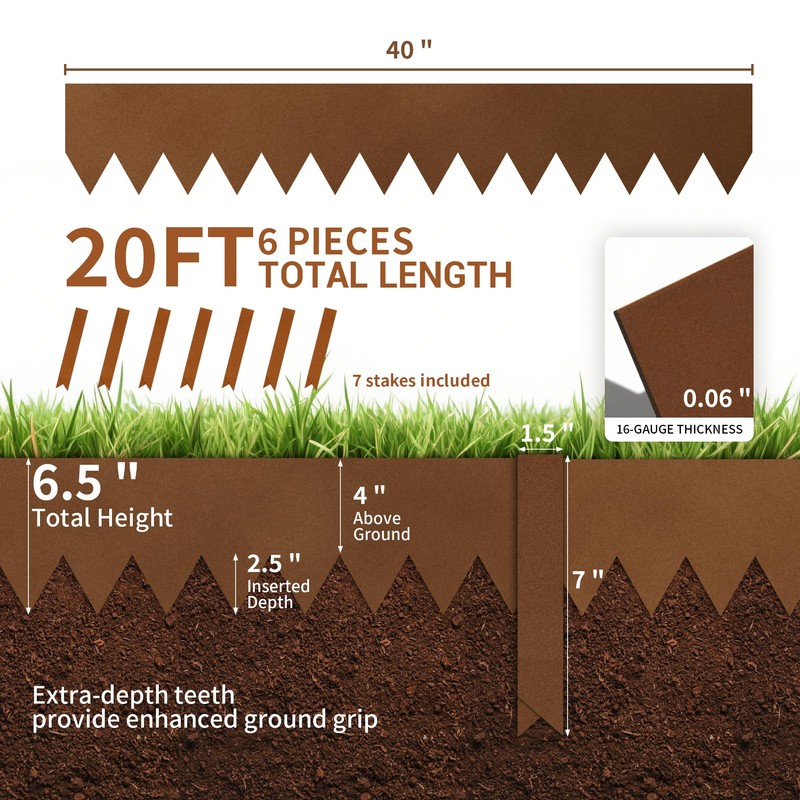 Worth Garden 20ft. Galvanized Steel Landscape Edging - 6-Pack 6.5"