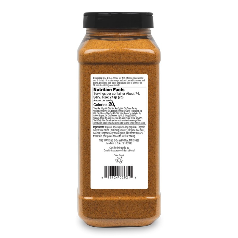 Watkins Organic Gourmet Dry Seasoning Mix, Chili, 18.3 Ounce (Pack
