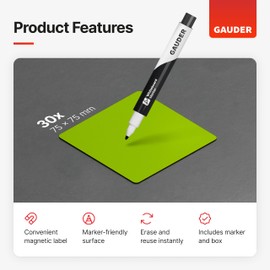 GAUDER Magnetic Dry Erase Labels | (75 x 75 mm) Magnetic Labels to Write on | Dry Erase Magnets for Classroom, Whiteboard & Blackboard