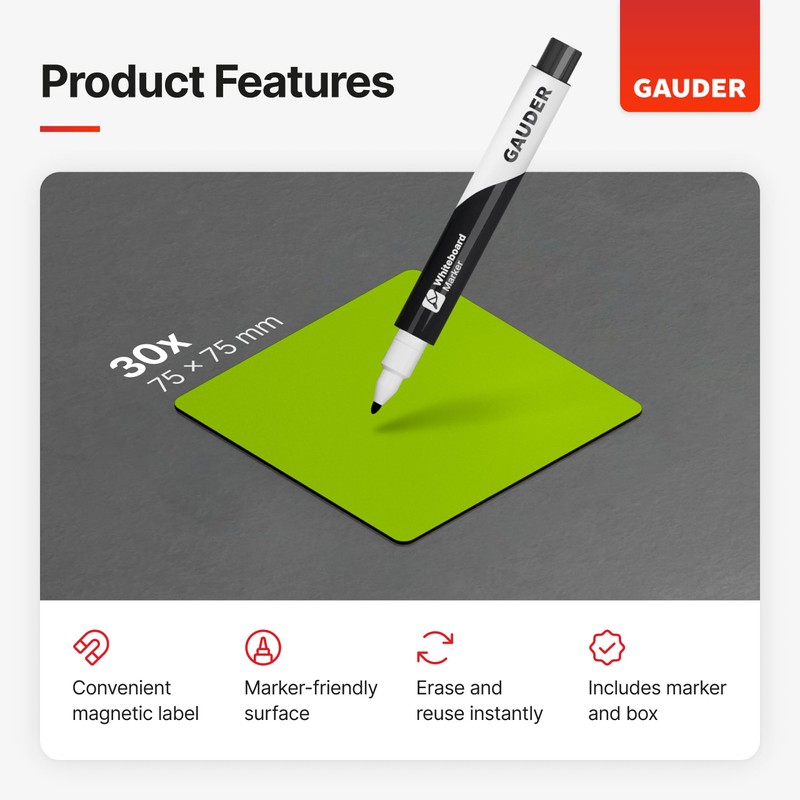 GAUDER Magnetic Dry Erase Labels | (75 x 75 mm)