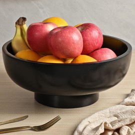 IVE Design Food Safe Solid Wood Black Fruit Bowl for Kitchen Counter, 12-inch Diameter