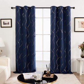 Deconovo Silver or Gold Wave Print Blackout Curtains - Thermal Insulated & Noise‑Reducing Grommet Drapes for Bedroom & Living Room，Navy Blue/Line，42W x 84L，2 Panels