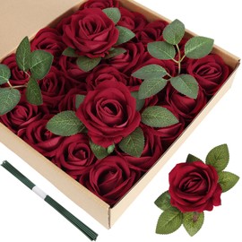 ICBOX Red Artificial Roses 25 PCS Red Velvet Roses Artificial Flowers Real Look Silk Flowers with Stems for DIY Wedding Party Baby Shower Home Decoration(Red)