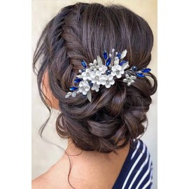 Unicra Bridal Wedding Hair Comb Flower Hair Accessories Blue Crystal Rhinestone Headpiece Combs Side for Women and Bridesmaid