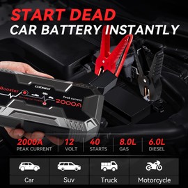 COOGEO Car Battery Jump Starter Portable, 2000A Jump Starter Battery Pack for 8.0L Gasoline and 6.0L Diesel Engines, 12V Jump Box for car Battery with EC8 Jumper Cables,Black