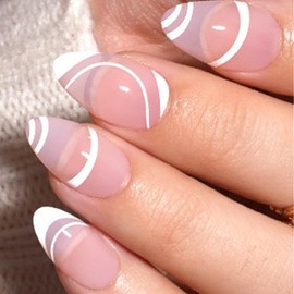 White French Tip Press on Nails Maigitur Medium Almond French Nail Tips White French Tip Pink Bed 120Pcs Gel Nail Tips Line Press on Nails in 15 Sizes Reusable Fake Nails for Women Girls Manicure…