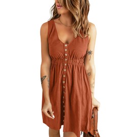 BTFBM Women Sleeveless Summer Dress 2025 Crewneck Ribbed Knit Ruffle Swing Button Down Beach Sun Mini Tank Short Dresses(Buttons Orange Red, Medium)