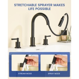 FELIXBATH Bathroom Faucet with Sprayer, Matte Black Bathroom Faucet 3 Holes, Widespread Sink Faucets 2 Handles, Pull Down Vanity Faucets with Pop Up Drain and Supply Lines