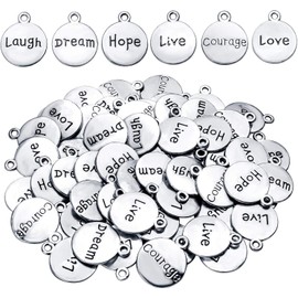 60pcs Inspirational Words Pendants Round Double-sided Lettering Charms Jewelry Findings for Crafting Necklace Bracelet,Antique Silver