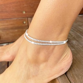 Sterling Silver Ankle Bracelets for Women, Double Layered Silver Glitter Anklets Fashion Daily Anklet Summer Beach Foot Chain Jewelry Gifts for Women