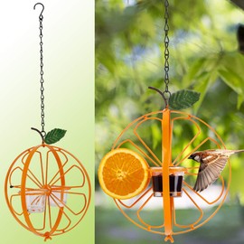 FORUP Oriole Bird Feeder for Outdoors Jelly and Oranges, Orange Fruit Oriole Double-Cup Jelly Bird Feeder, Outdoor Garden Metal Hanging Drinking Grape Jelly Container Hummingbird Feeder