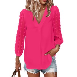 Samefar Women's Fashion Pom Pom Sleeve Blouse Soft Chiffon Casual Shirts Flowy V Neck Tops Rose Red, Large