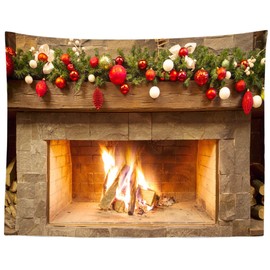 BELECO Christmas Fireplace Tapestry Wall Hanging Christmas Tapestry Backdrop with Xmas Balls Art Wall Decor 60x40 Inch Christmas New Year Party Decorations Backdrop Bedroom Living Room Home Decor